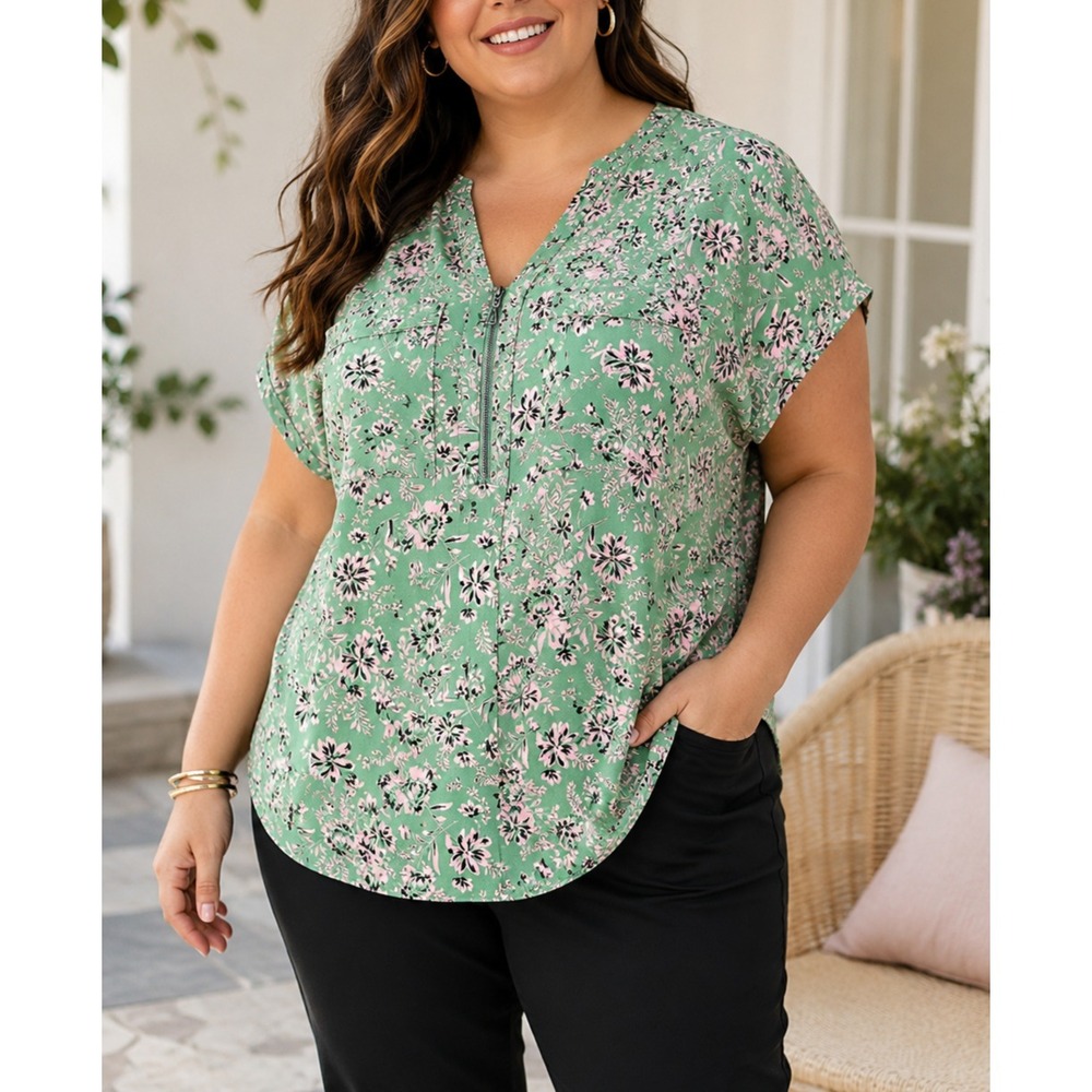 Torrid Georgette Zip Neck Dolman Blouse Green Pink Floral Botanical Plus Size 1X - Picture 1 of 10